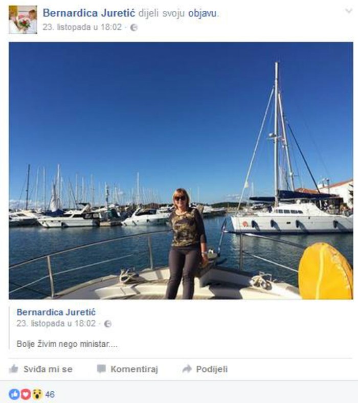 Bernardica izbrisala fotku s jahte i poruku da "živi bolje nego ministar"