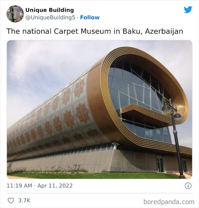3. Izgled Nacionalnog muzeja tepiha u Azerbajdžanu. Muzej izlaže azerbajdžanske tepihe i sagove s povijesnim i modernim tehnikama i materijalima tkanja te ima najveću kolekciju azerbajdžanskih tepiha na svijetu