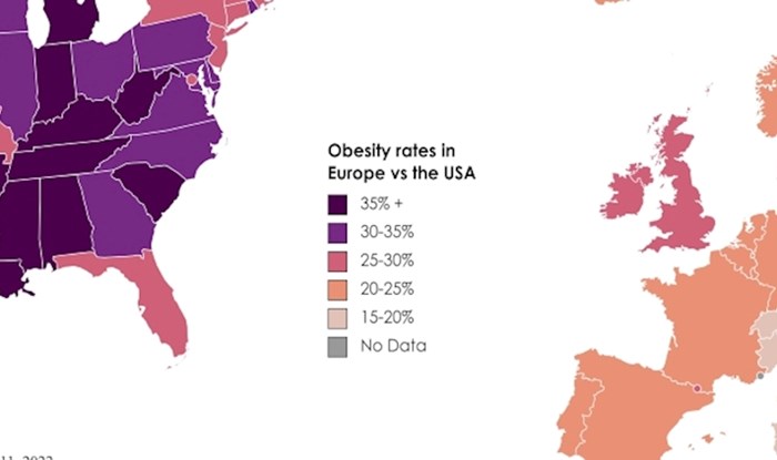 Mapa pokazuje stopu pretilosti u Americi i europskim državama, pogledajte kako stoji Hrvatska