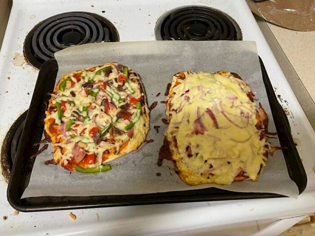 1. S lijeve strane je njezina, a s desne njegova pizza. Žena je napisala da njezin suprug nije htio jesti svoju pizzu nakon što se ispekla
